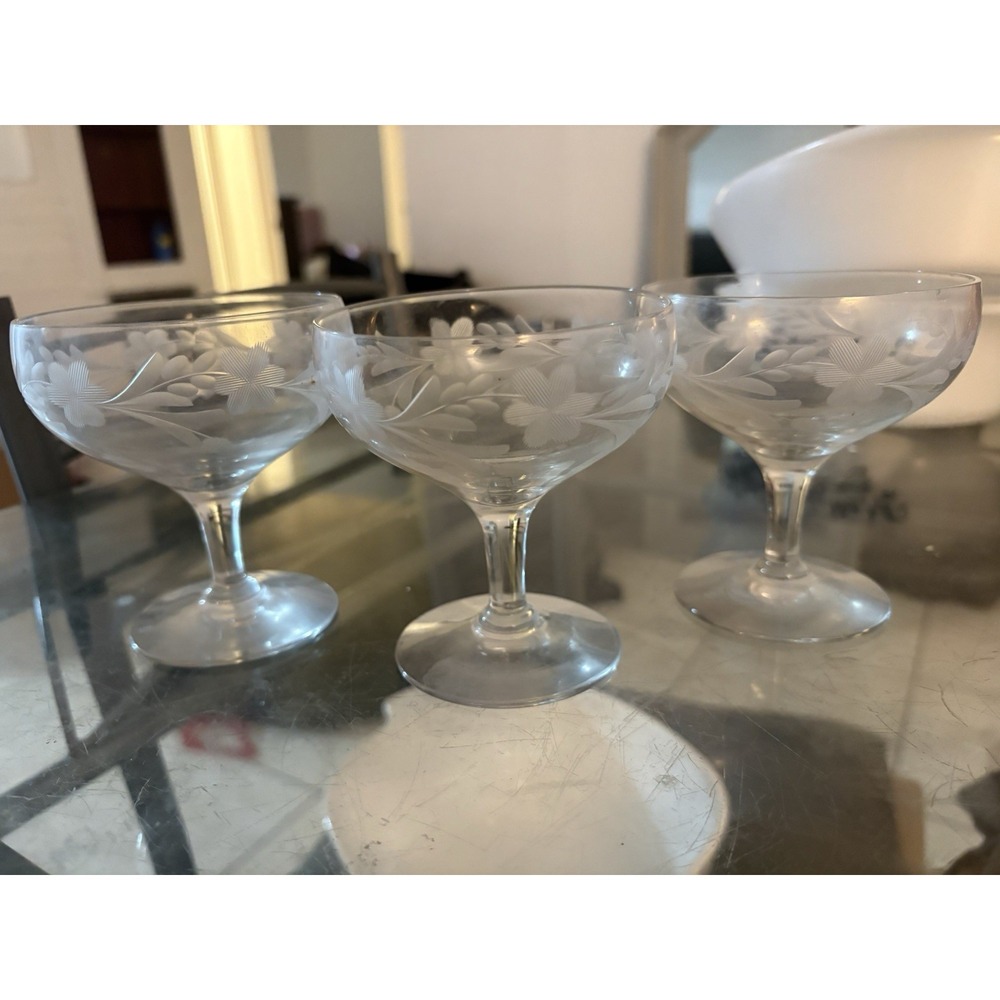 Set of 3 Vintage Floral Etched Crystal Sherbert / Coupe Glasses 4"